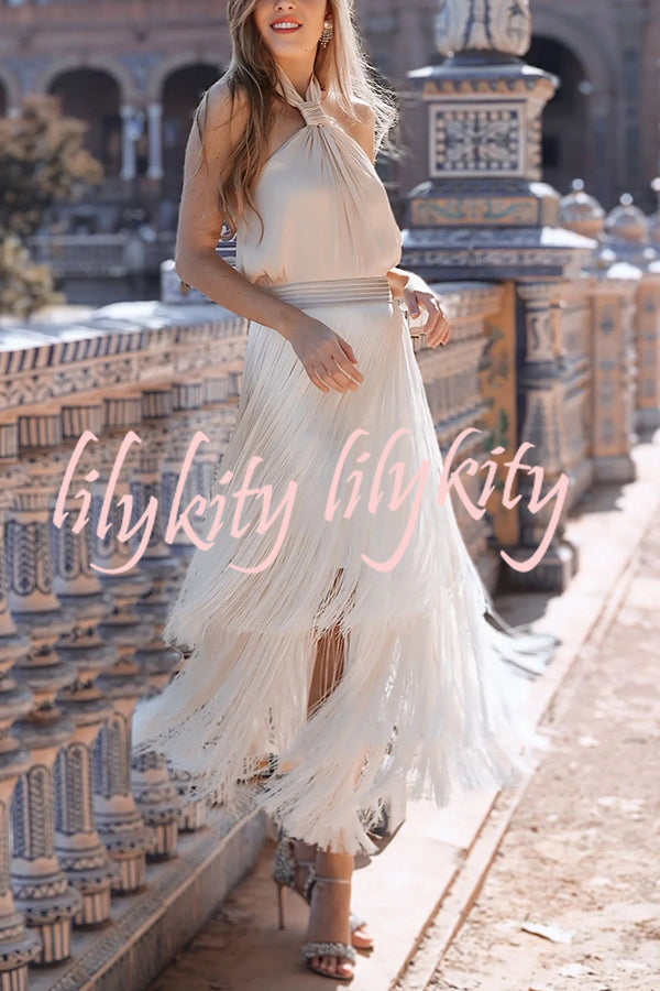 Elegant Tassel Hem Elastic Waist Casual Maxi Skirt