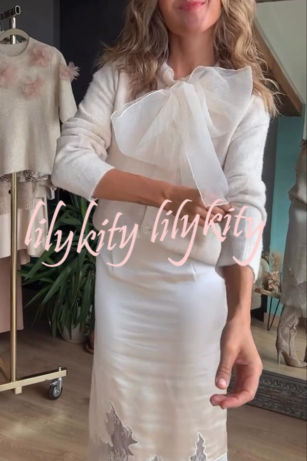 Orozco Knit Organza Bow Button-down Long Sleeve Loose Cardigan