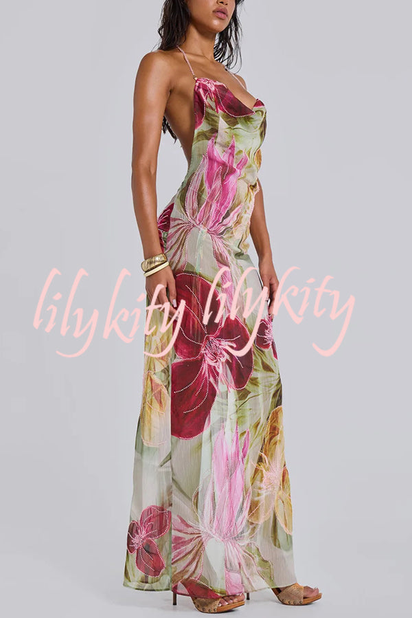 Floral Print Sexy Backless Slit See-Through Holiday Maxi Dress