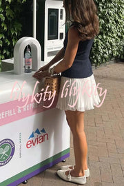 Sporty Elegance Tweed Metal Button Belted Pleated Hem Mini Dress