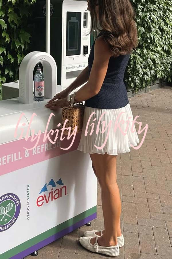 Sporty Elegance Tweed Metal Button Belted Pleated Hem Mini Dress