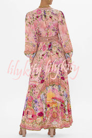 Fairy Tale Print V-Neck Lantern Sleeve Waist Maxi Dress