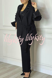 Social Time Embroidered Sequin Patchwork Tassel Belt Detail Lapel Party Blazer