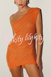 Solid Color Sexy One Shoulder Hollow Stitching Slim Fit Knitted Mini Dress