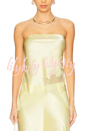 Odessa Satin Floral Lace Hem Strapless Tank and Mid Rise Wide Leg Pants Set