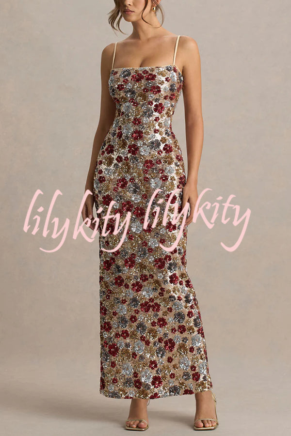 The Center of Attention Floral Print Sequin Square Neck Slip Stretch Maxi Dress