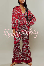 Unique Printed Lounge Long-sleeved Shirt and Elastic Waisted Baggy Pants Set