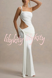 Sexy One-shoulder Backless Ribbon Pleated Slim Maxi Dress