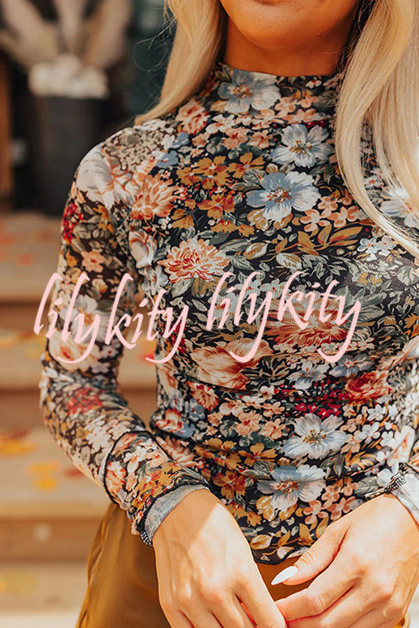 Floral Print Turtleneck Long Sleeve Stretch Bottoming Shirt