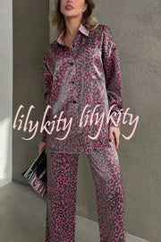 Leopard Print Long-sleeved Casual Top and Loose Elastic Waist Tie Pants Set