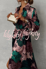 Floral Print Lapel Waisted Lace-up Long-sleeve Maxi Dress