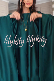 Dignified and Elegant Satin Batwing Sleeve with Waist Tie Design A-line Maxi Dress