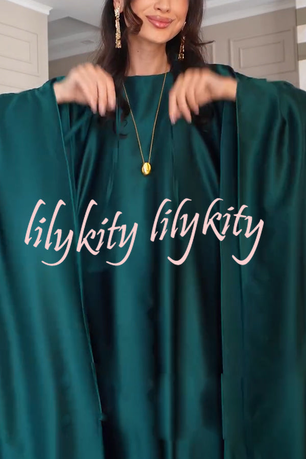 Dignified and Elegant Satin Batwing Sleeve with Waist Tie Design A-line Maxi Dress