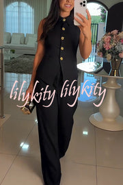 Fashion Lapel Sleeveless Button Vest and Casual Straight-leg Suit Pants Set
