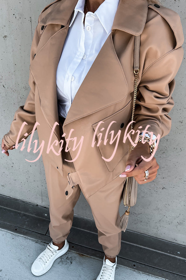 Stylish Leather Lapel Pocket British Style Cropped Jacket