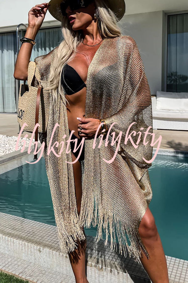 Perfect Look for Vacation Tassle Trim Batwing Sleeve Loose Cover-ups