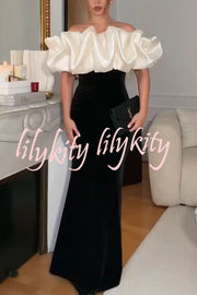 Cecily Velvet Off Shoulder Satin Structured Bardot Neck Stretch Maxi Dress