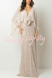 Aleina Chiffon Batwing Sleeve Flower Embroidered Waist Sequin Fabric Maxi Dress