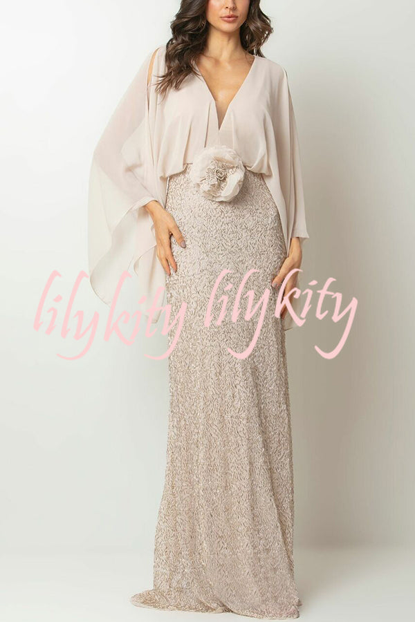 Aleina Chiffon Batwing Sleeve Flower Embroidered Waist Sequin Fabric Maxi Dress