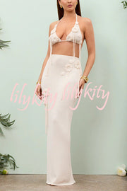 Sexy Crochet Floral Halter Top and Stretch Knit Beach Cover Up Skirt Set