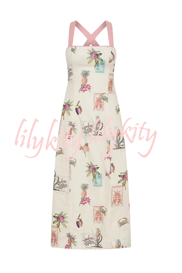 Plant Print Sleeveless Square Neck Open Back Tie Casual Midi Dress