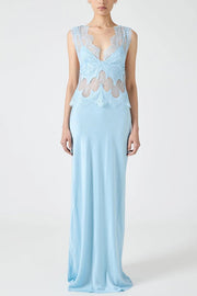 Wonderful Fusion Satin Lace Trim See-through Waist V-neck Drape Maxi Dress