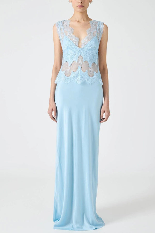 Wonderful Fusion Satin Lace Trim See-through Waist V-neck Drape Maxi Dress