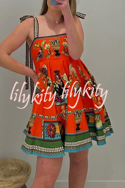 Linen Blend Unique Print Suspender Tie Casual Mini Dress