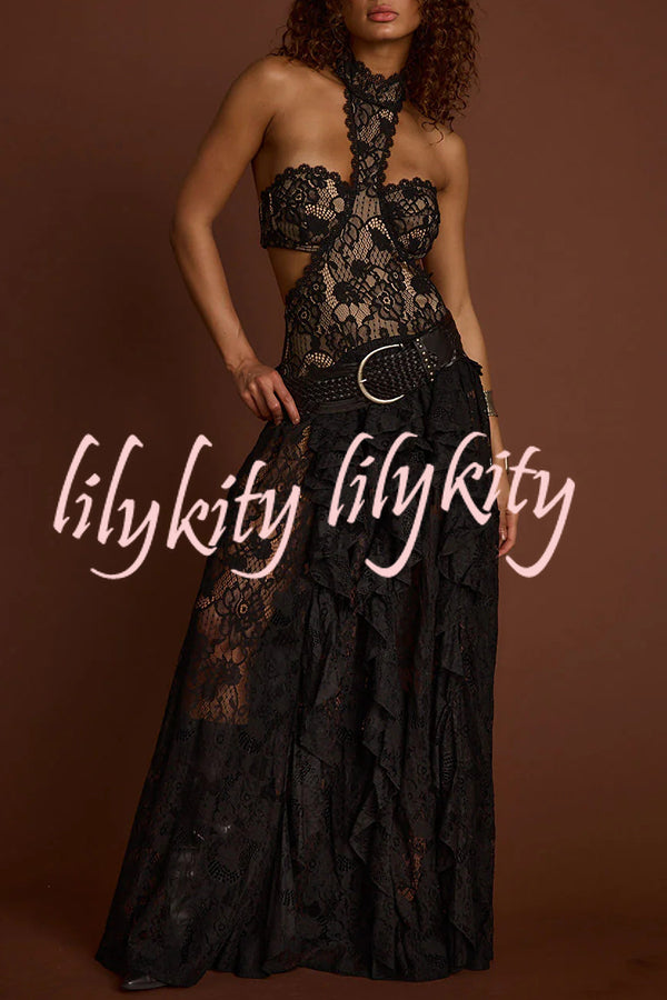 A Girls' Trip Lace High Neck Cutout Drop Waist Ruffles Maxi Dress