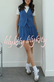 Solid Color Sleeveless Buttoned Vest and High-waisted Pleated Mini Skirt Set