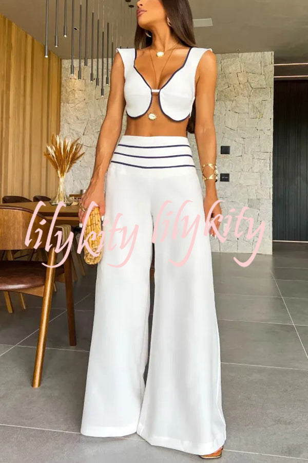 Solid Color Sexy V-neck Sleeveless Top and High-waisted Loose Pants Set