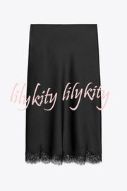 Dolly Satin Lace Trim Mid Rise Slit Drape Midi Skirt
