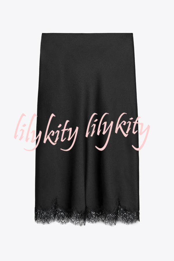 Dolly Satin Lace Trim Mid Rise Slit Drape Midi Skirt