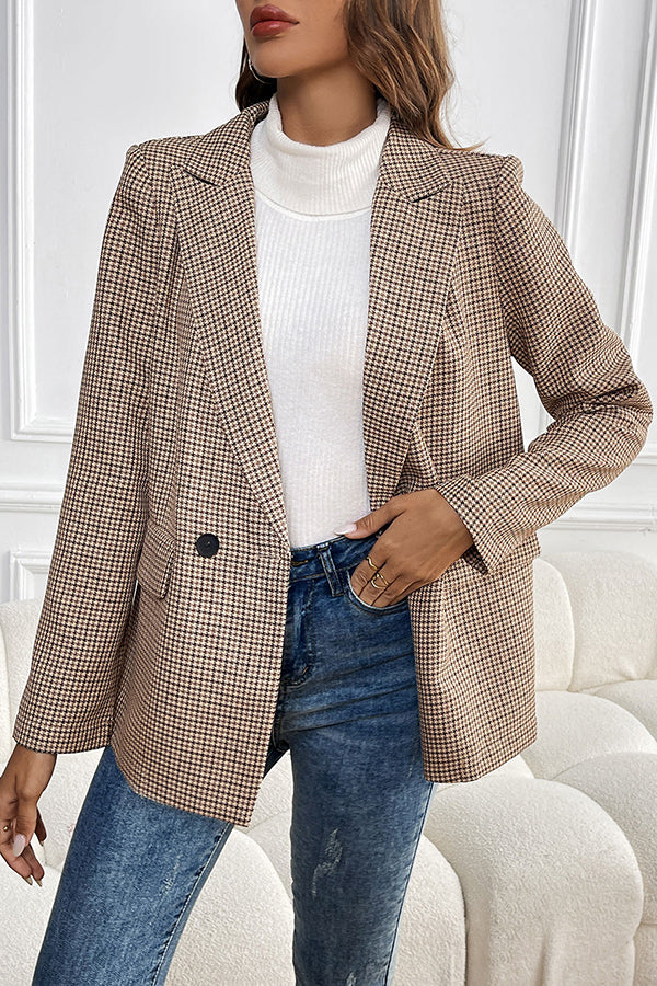 Vintage Houndstooth Lapel Long-sleeved Casual Blazer