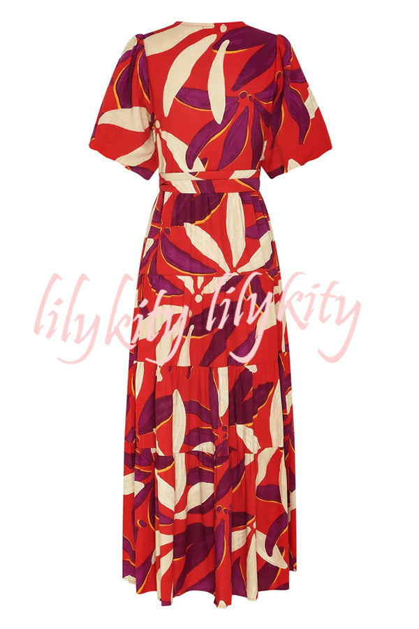 Unique Printed V-neck Puff Sleeves Tie Waist Midi Dress