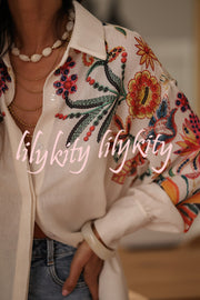 Botanical Print Loose Lapel Long Sleeve Casual Shirt