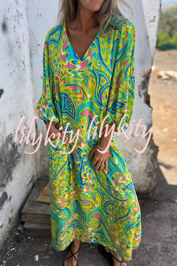 Unique Print V Neck Loose Pocket Holiday Maxi Dress