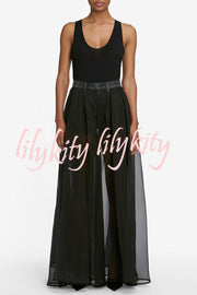 Avant-garde Fashion Denim Flowing Organza Patchwork Pocketed Wide Leg Jeans