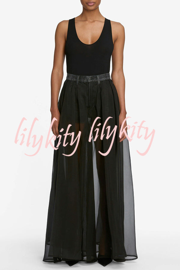 Avant-garde Fashion Denim Flowing Organza Patchwork Pocketed Wide Leg Jeans