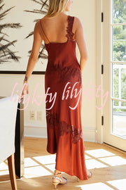 Sexy Lace Stitching Suspender V-neck Asymmetrical Maxi Dress