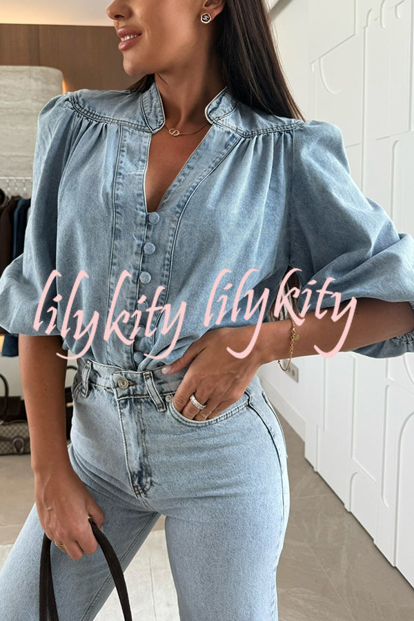 Fashion V-neck Button-down Lantern Sleeve Casual Denim Shirt