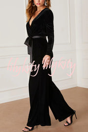 Love One Another Velvet Bow Belted Pocket Cutout Back Loose Jumpsuit