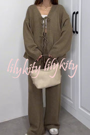 Solid Color V-neck Tie Long-sleeved Loose Knit Cardigan and Elastic Waist Casual Straight Leg Pants Set