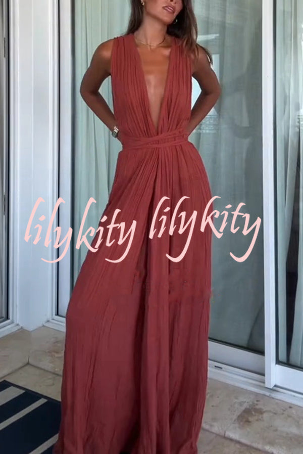 Resort Style V-neck Tie Pleated Casual Jumpsuit
