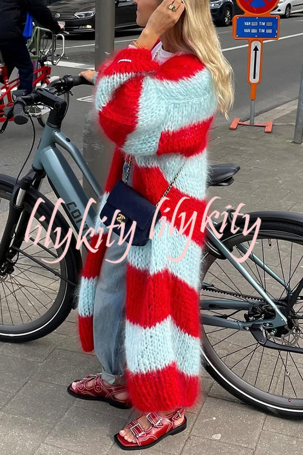 Fashionable Contrast Stripes Lazy Style Loose Long Knitted Cardigan
