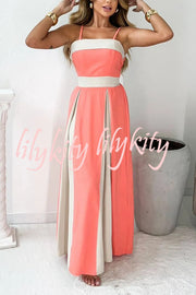 Fashion Contrast Color Sling Back Pleated Lace Up Maxi Dress