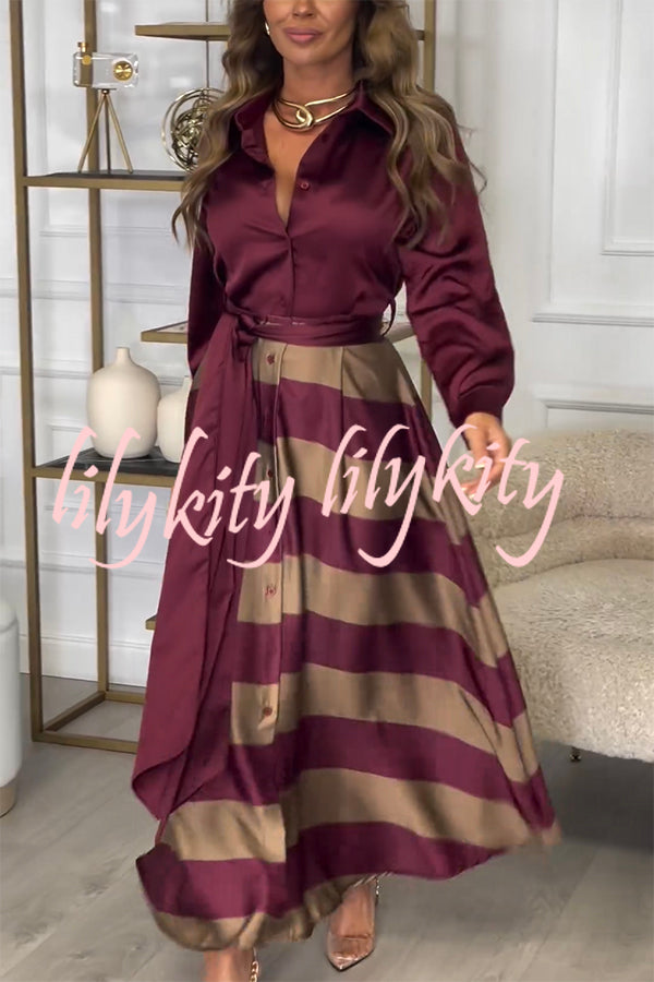 Lindsey Satin Colorblock Contrast Long Sleeve Belted Shirt Maxi Dress