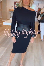 Winston Faux Leather Patchwork Wide Belt Design One Shoulder Stretch Midi Dress