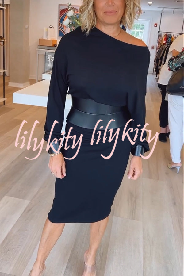 Winston Faux Leather Patchwork Wide Belt Design One Shoulder Stretch Midi Dress