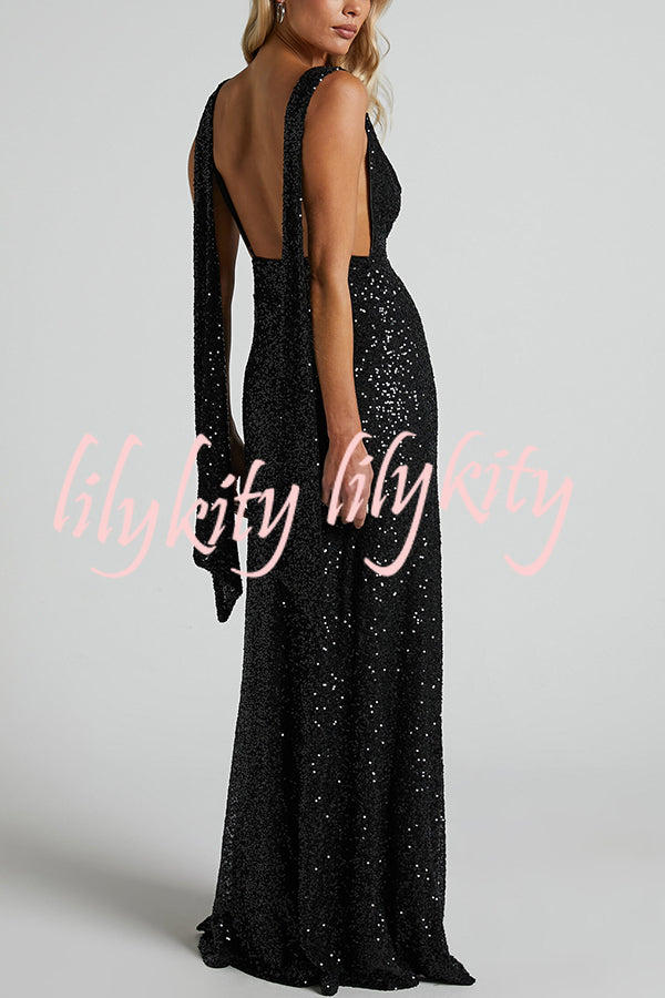 All The Sparkle Sequin Cowl Neck Backless Slit Stretch Maxi Dress